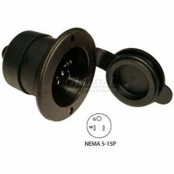 Conntek 80101-BCBK, 15-Amp Straight Blade Flanged Inlet with NEMA 5-15P Male Plug, 2 Pole- 3 Wire