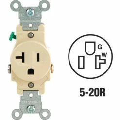 Leviton 5801-I 20A, 125V, NEMA 5-20R, 2P, 3W, Single Recpt., Grounding, Ivory - Pkg Qty 10