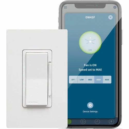 Leviton Decora Smart WiFi Fan Controller allows you to select fan speeds or turn fan off from a smartphone 3 Leviton Decora Smart WiFi Fan Controller allows you to select fan speeds or turn fan off from a smartphone